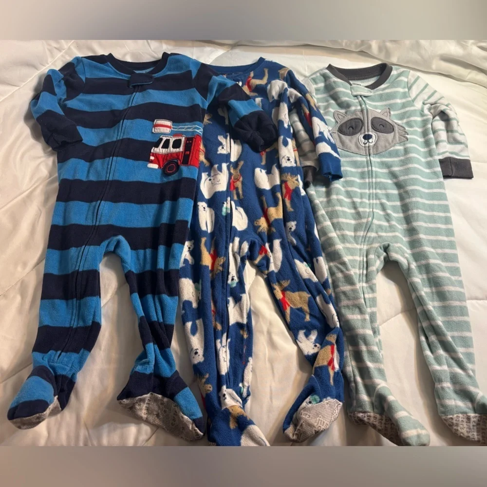 Set of 3 Carters 18 months footie sleepers pajamas- raccoon, bears, fire truck